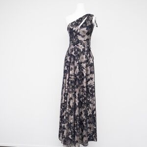 Betsy & Adam - Gwen Long One Shoulder Wrap Foil Flower Dress